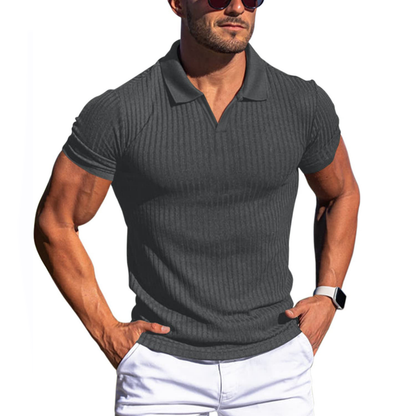 Men's Short-Sleeve Polo Shirt with Striped and Solid Design for Casual and Business Wear