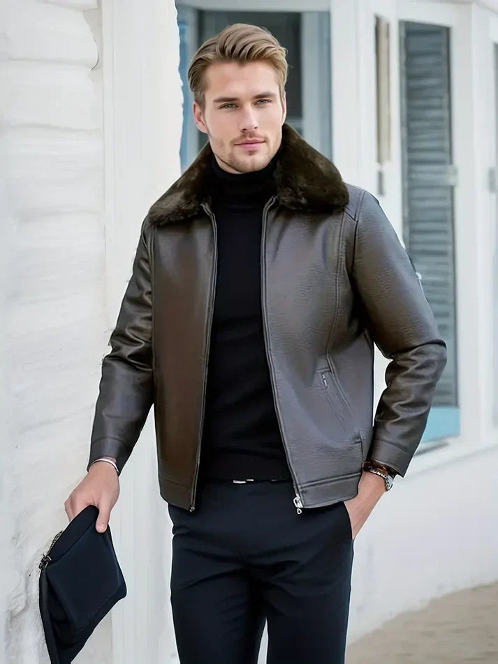 Men's biker leather jacket - with fur collar