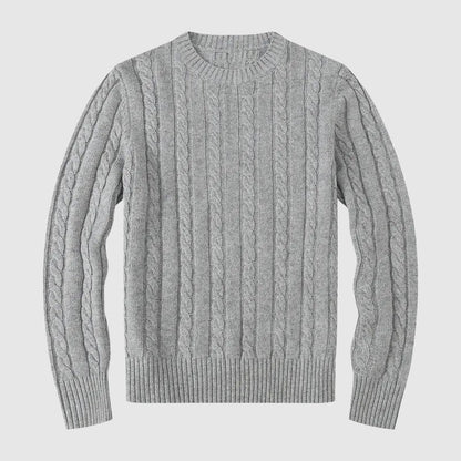 Men's Cable Knit Cotton Blend Crew Neck Sweater with Ribbed Cuffs