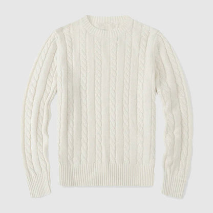 Men's Cable Knit Cotton Blend Crew Neck Sweater with Ribbed Cuffs
