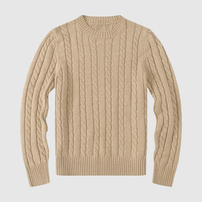 Men's Cable Knit Cotton Blend Crew Neck Sweater with Ribbed Cuffs