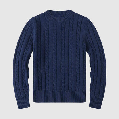 Men's Cable Knit Cotton Blend Crew Neck Sweater with Ribbed Cuffs