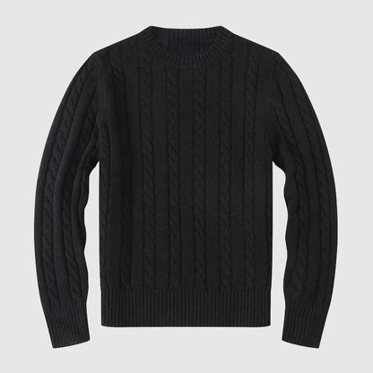 Men's Cable Knit Cotton Blend Crew Neck Sweater with Ribbed Cuffs