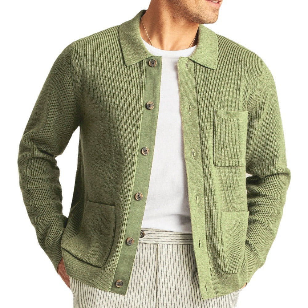 Men's Lightweight Mercerized Cotton Shirt Collar Cardigan with Button Closure