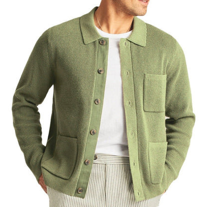 Men's Lightweight Mercerized Cotton Shirt Collar Cardigan with Button Closure