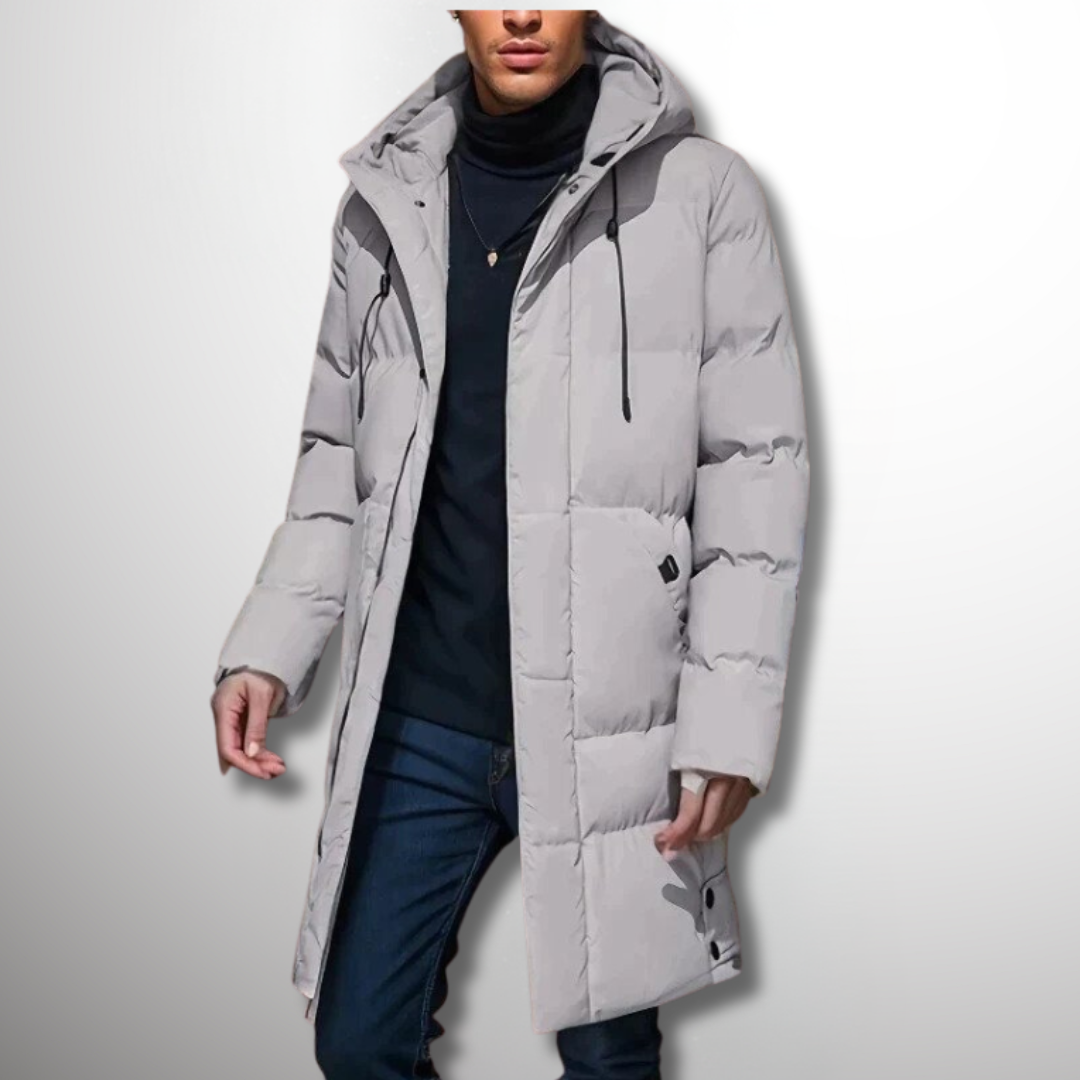 Men's hooded longline puffer jacket –with side pockets