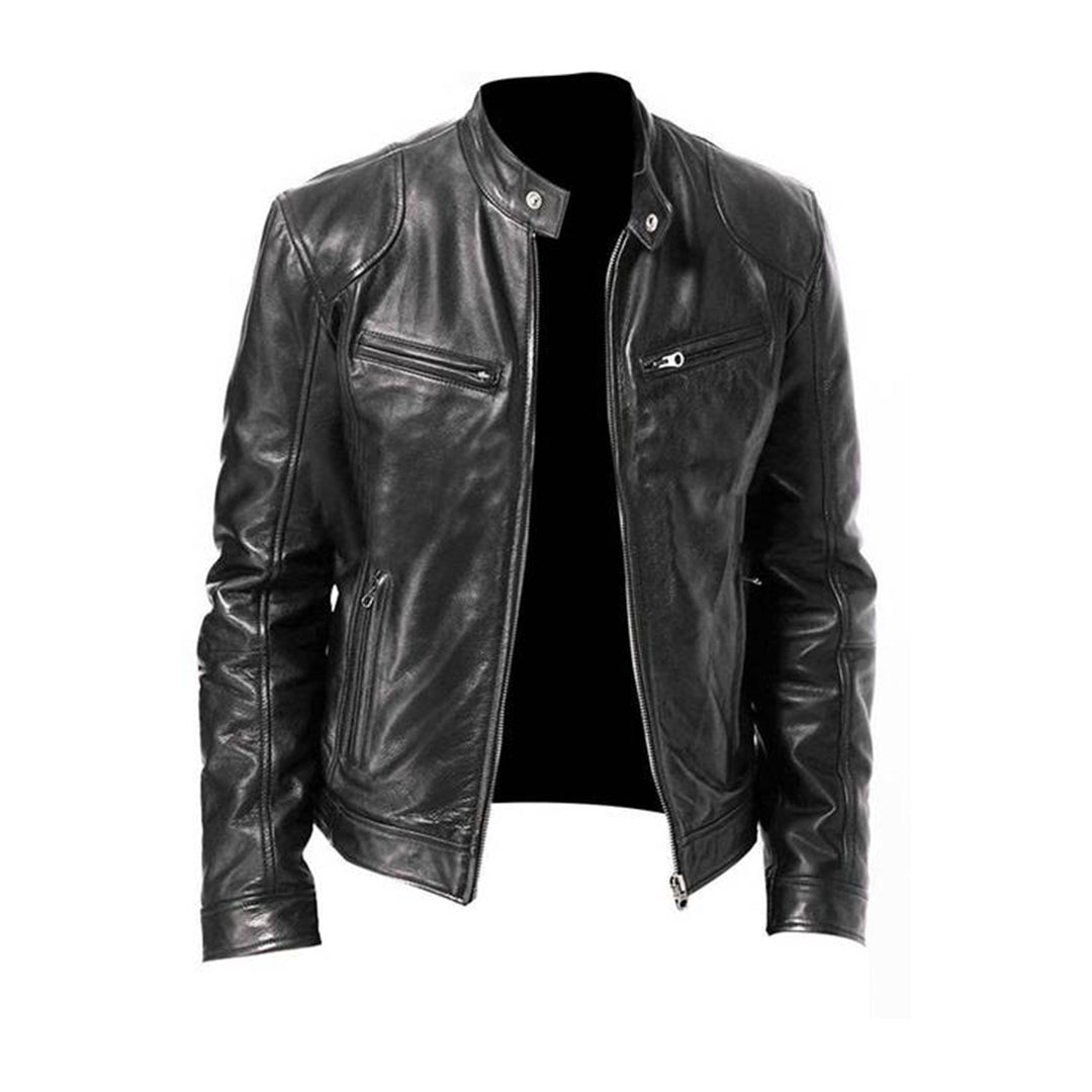 Men's leather biker jacket with stand-up collar