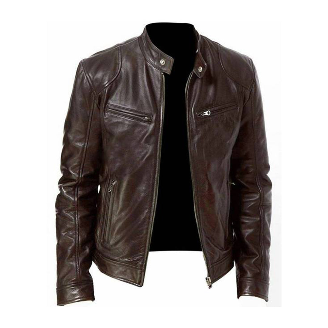 Men's leather biker jacket with stand-up collar