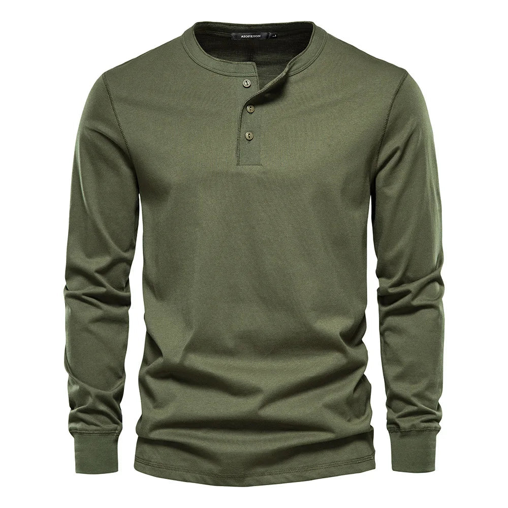 Men's Cotton Blend Henley Long Sleeve Shirt with Button Neck for Casual Wear