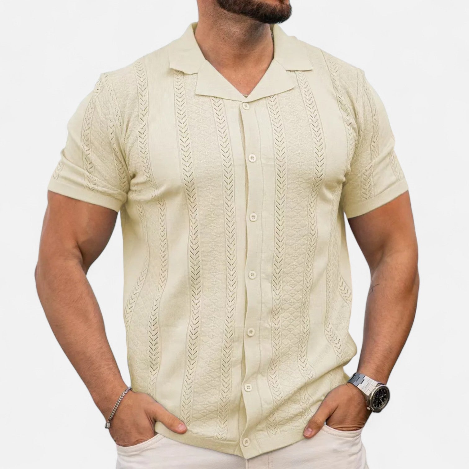 Men's Lightweight Breathable Knit Shirt with Patchwork Stripes and Flexible Fit