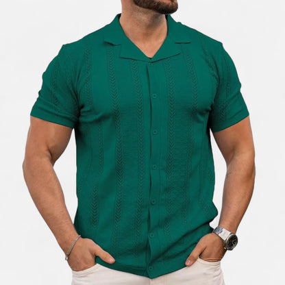 Men's Lightweight Breathable Knit Shirt with Patchwork Stripes and Flexible Fit