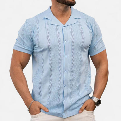 Men's Lightweight Breathable Knit Shirt with Patchwork Stripes and Flexible Fit