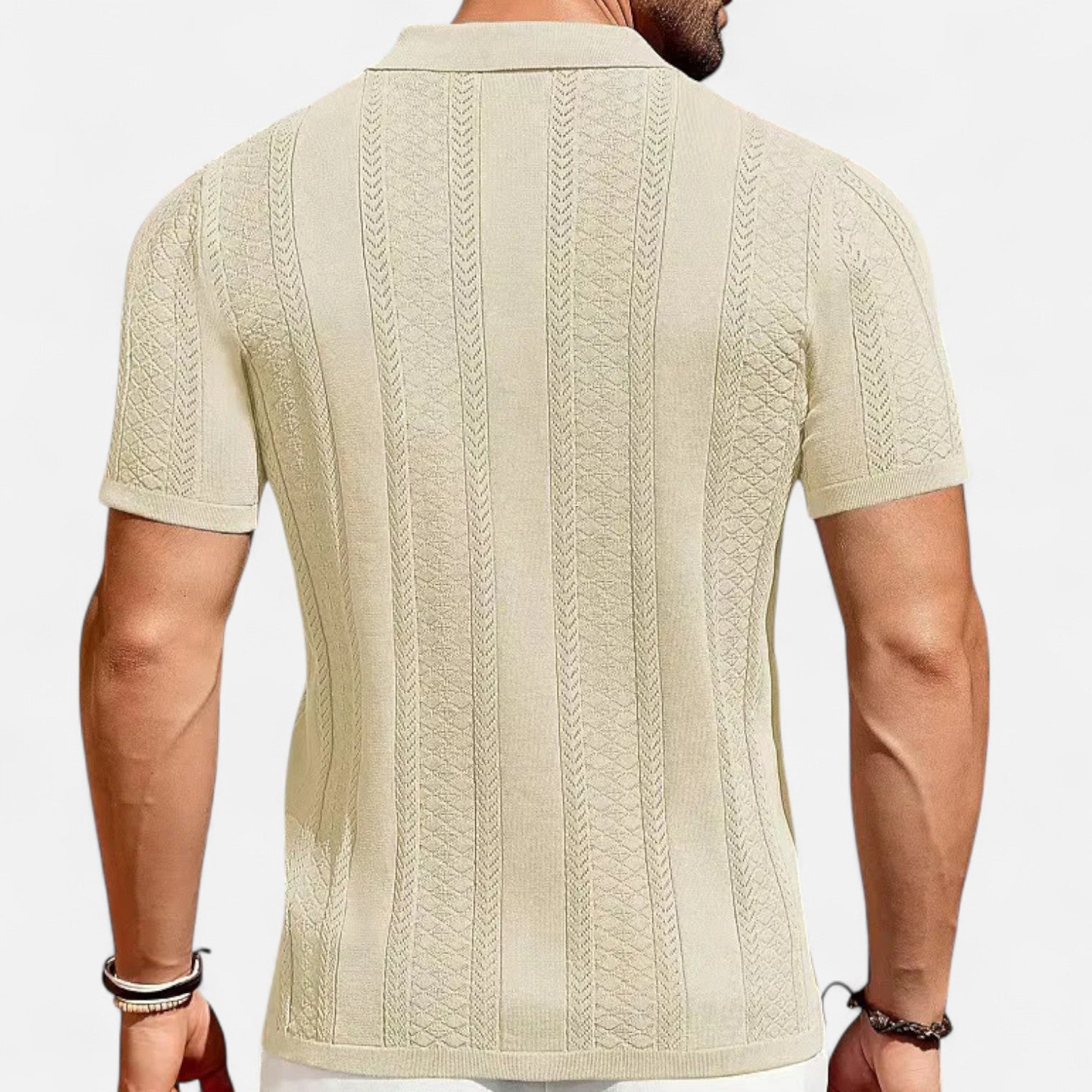 Men's Lightweight Breathable Knit Shirt with Patchwork Stripes and Flexible Fit