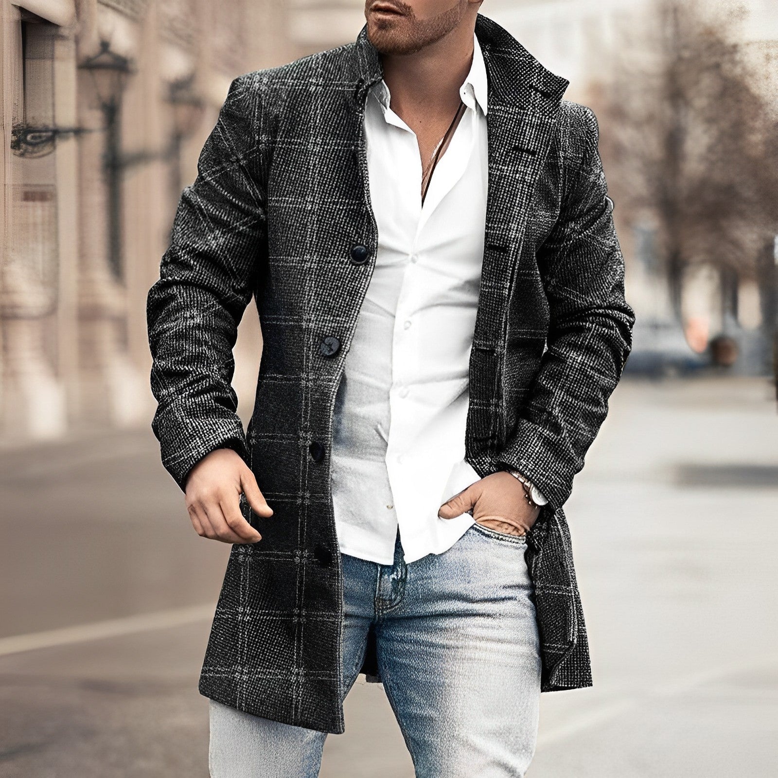 Men's stylish wool  plaid overcoat – with button front