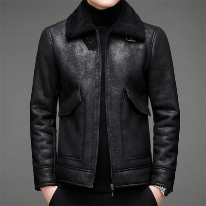 Men's winter jacket - vegan leather with fleece fur lining