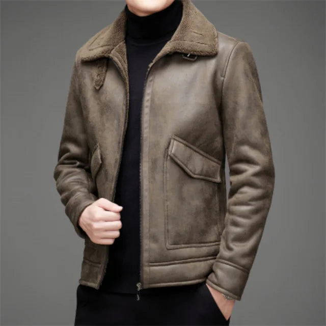 Men's winter jacket - vegan leather with fleece fur lining