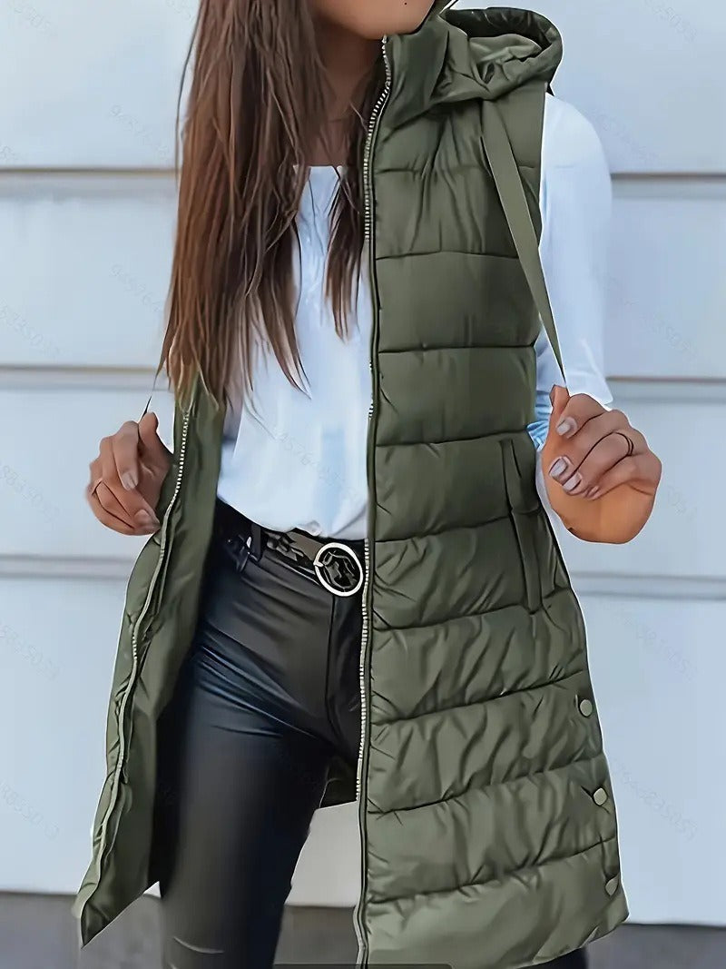 Oversized women’s quilted padded vest – long hooded bodywarmer for layered winter outfits