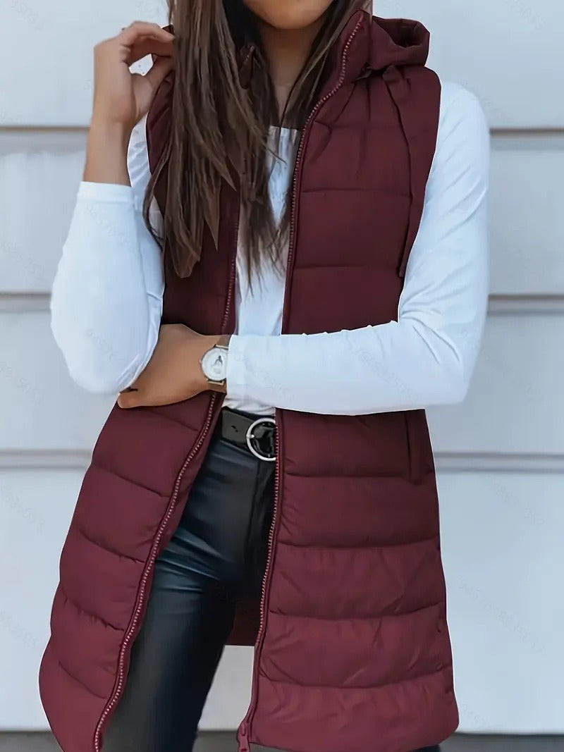 Oversized women’s quilted padded vest – long hooded bodywarmer for layered winter outfits