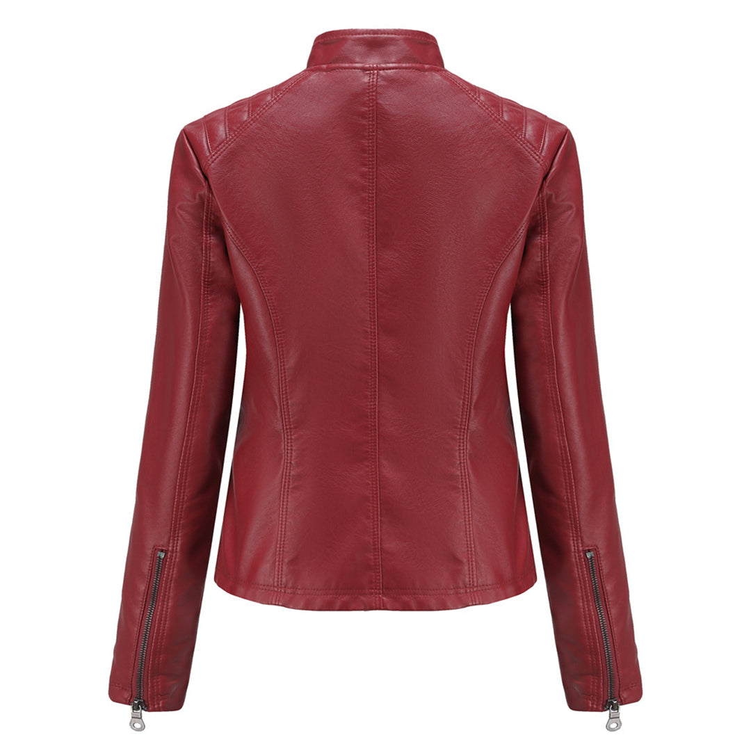 Women's  biker style leather jacket - with ribbed details