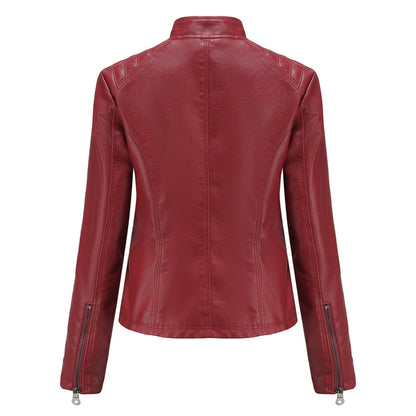 Women's  biker style leather jacket - with ribbed details
