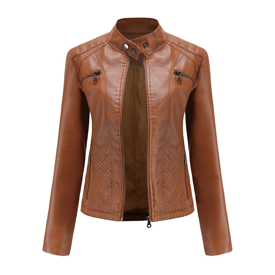 Women's  biker style leather jacket - with ribbed details