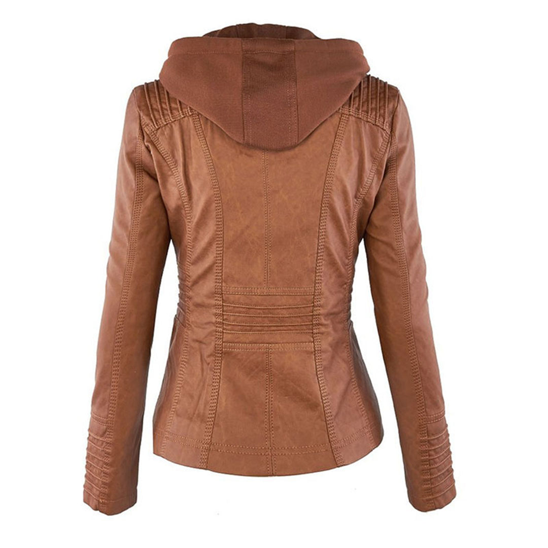 Women's leather jacket - slim fit with hood